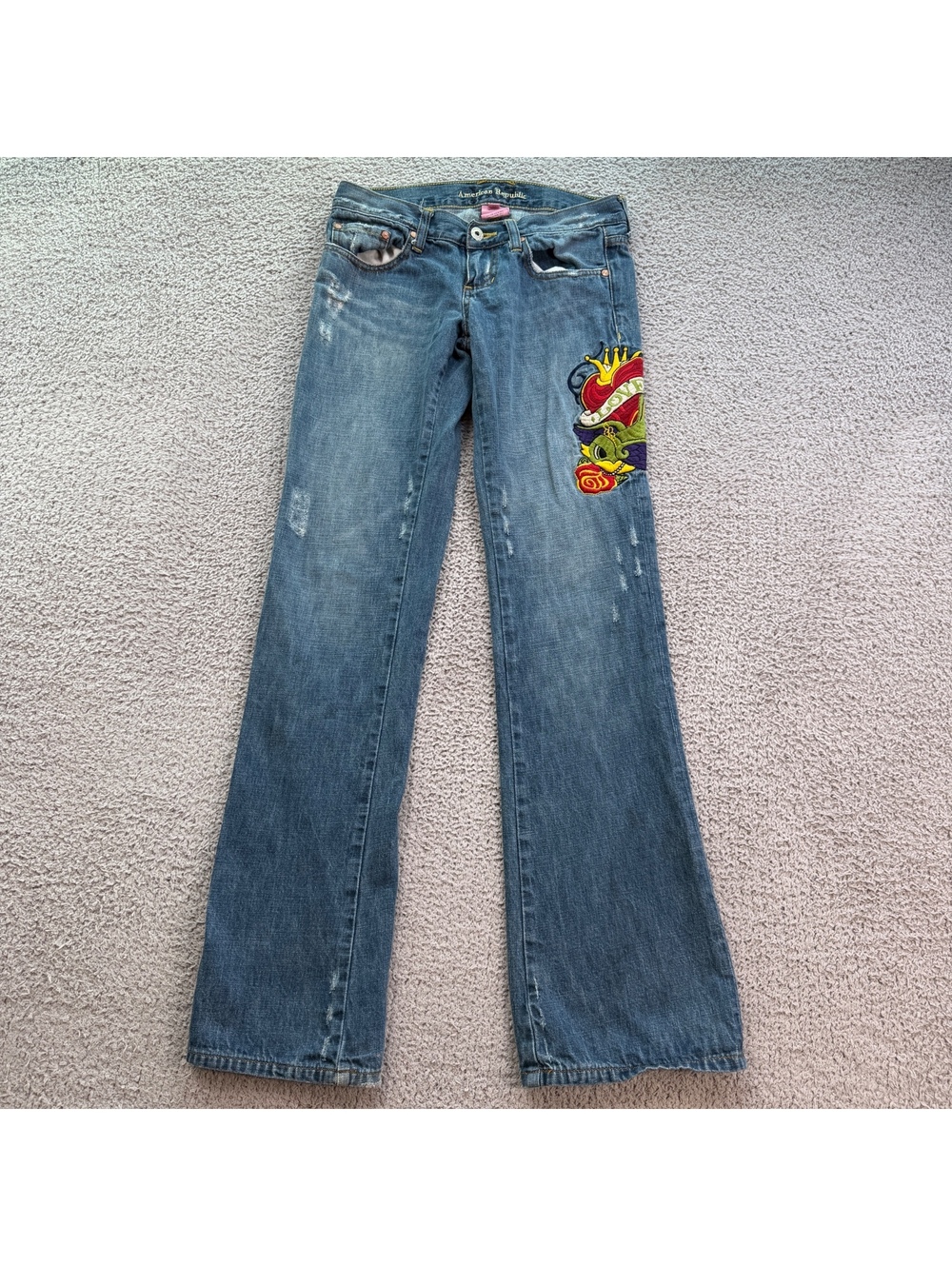 American Republic Y2K Embroidered Love Skull Flare Bootcut Jeans Women's 26